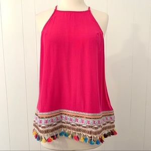 GIDDY‎ UP GLAMOUR Hot Pink Fringe Halter Top